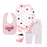 4pcs Baby Bodysuits+Pants+Bib+Socks Outfits Children Set