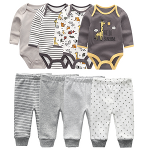 4pcs Baby Bodysuits+4pcs Baby Pants Set