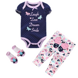 3Pcs Baby Bodysuits+Pants+Socks Sets Girls