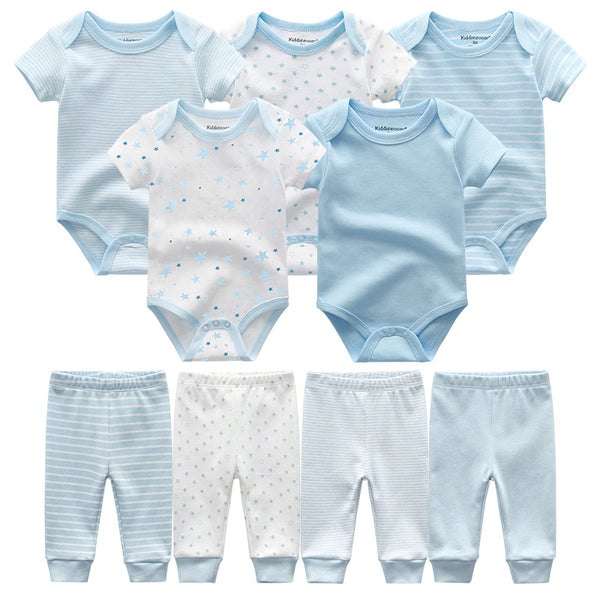 2020 Summer Unisex Short Sleeve 5pcs Baby Bodysuits+4pcs Baby Trousers